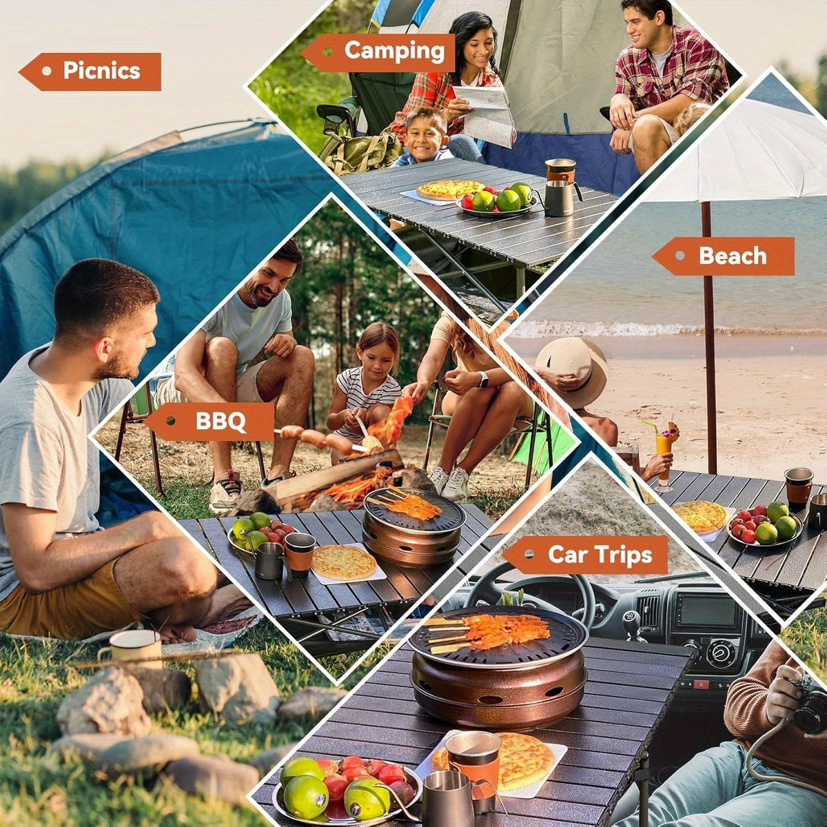 Table de camping pliante portable, table d'extérieur légère et rétractable avec sac de transport, pieds robustes, grande surface plane pour pique-nique, barbecue, plage, randonnée, hayon, design compact et durable, tailles L et XL
