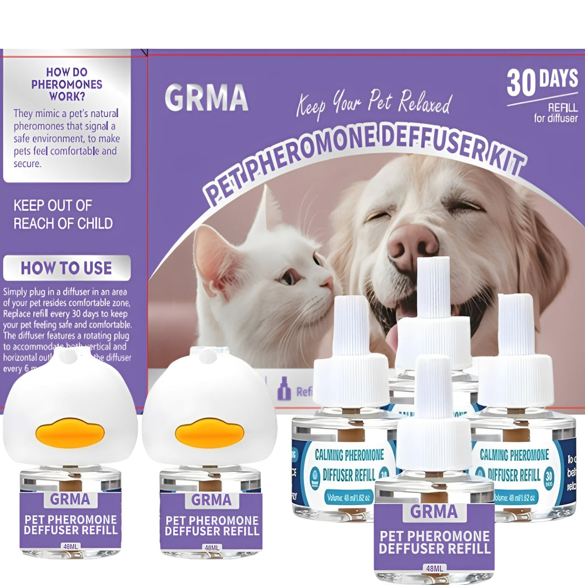 Diffuseur apaisant aux phéromones pour chiens et chats 3-en-1 – Réduit l'anxiété, les marquages urinaires, les bagarres et le marquage de territoire – Inclut 1 diffuseur + 2 recharges