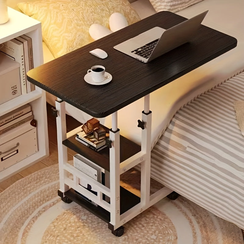 Table pour ordinateur portable réglable en hauteur avec 4 roulettes et double étagère – Bureau poste de travail mobile pour chevet, dortoir, bureau, salon, structure en acier robuste, design gain de place