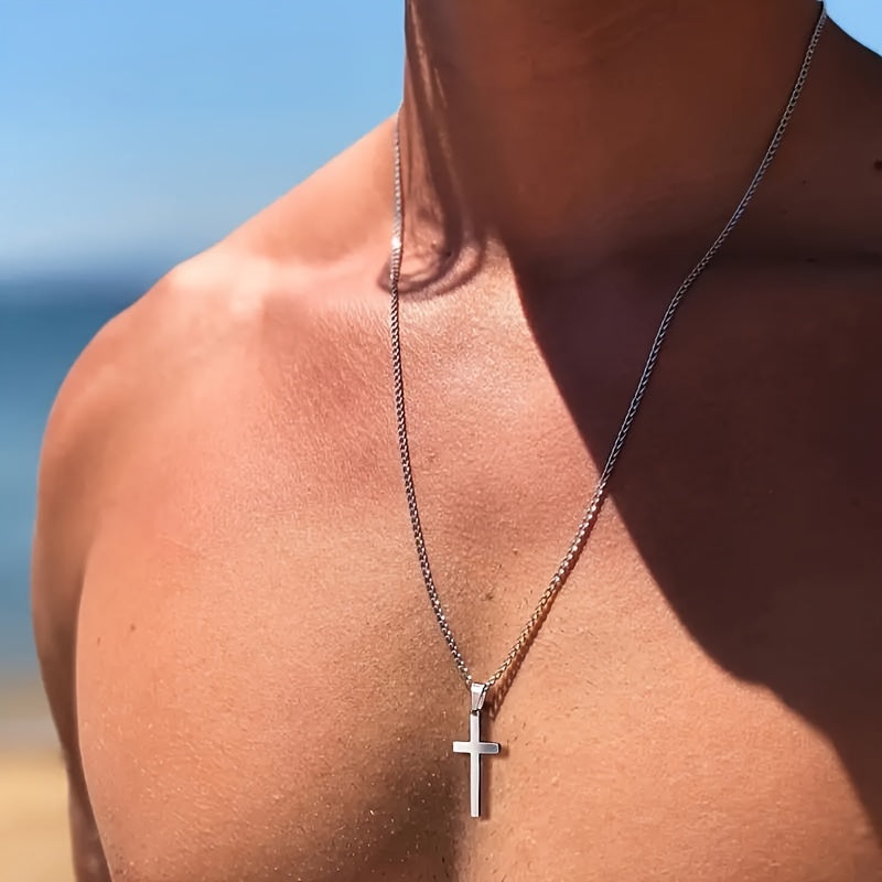 Collier avec pendentif croix pour homme, chaîne cubaine plaquée or 18 carats, acier inoxydable 304, bijou minimaliste et décontracté, cadeau pour lui, acier doré