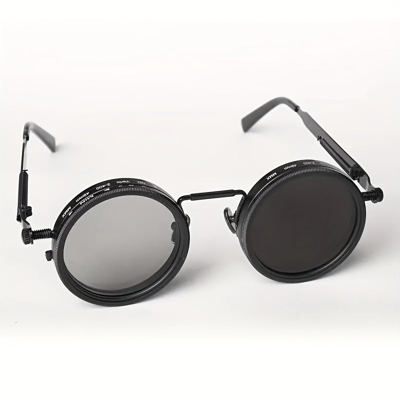 Industrial Punk Rotating Glasses β Black Round Frame with TAC Lenses & Adjustable Spring Temples, Vintage Steampunk Eyewear for Casual, Formal & Edgy Fashion Looks