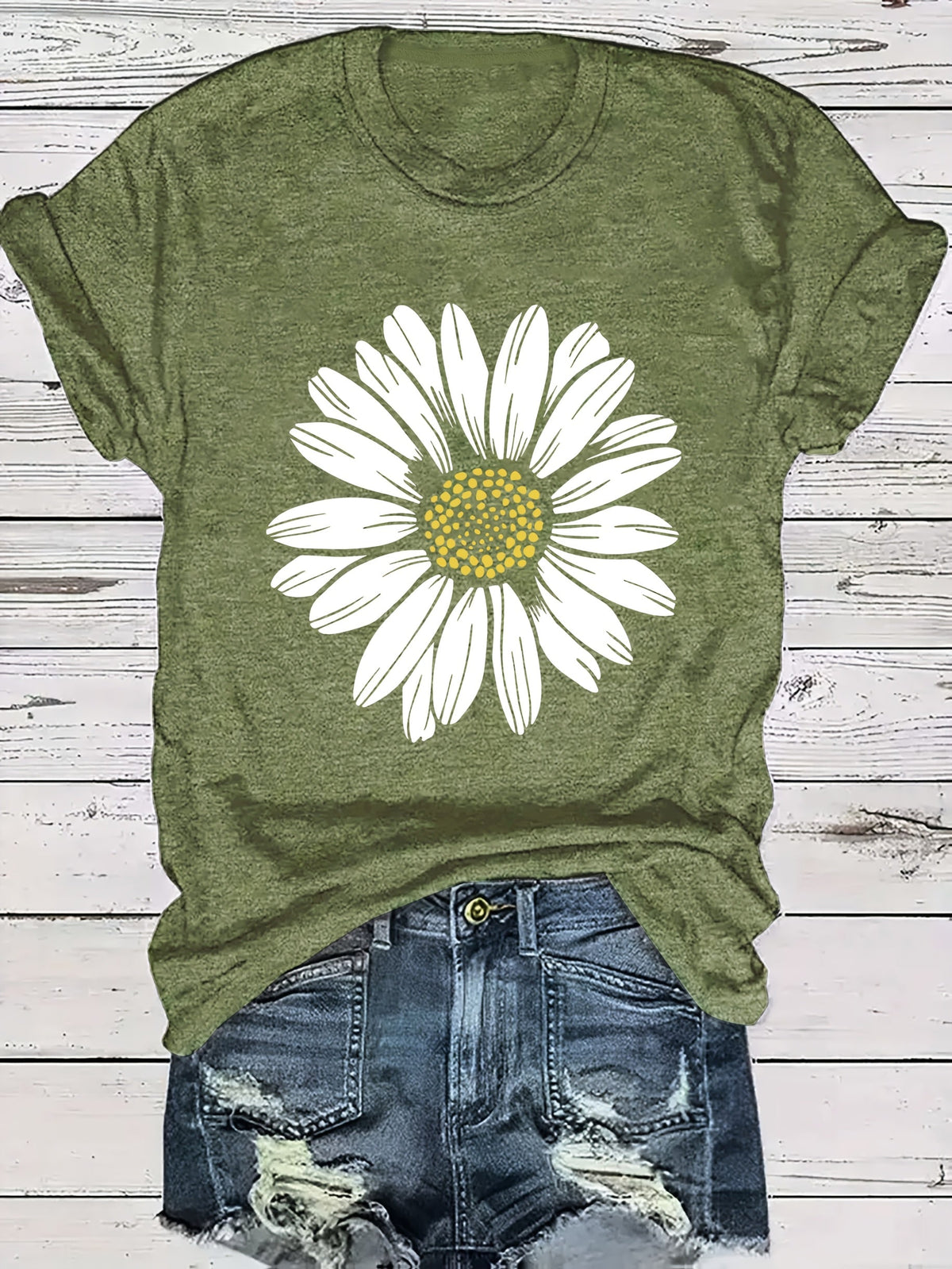 T-shirt à col rond imprimé marguerites pour femme | Hauts d'été décontractés pour femme, t-shirts à manches courtes avec motif floral mignon S M L XL XXL