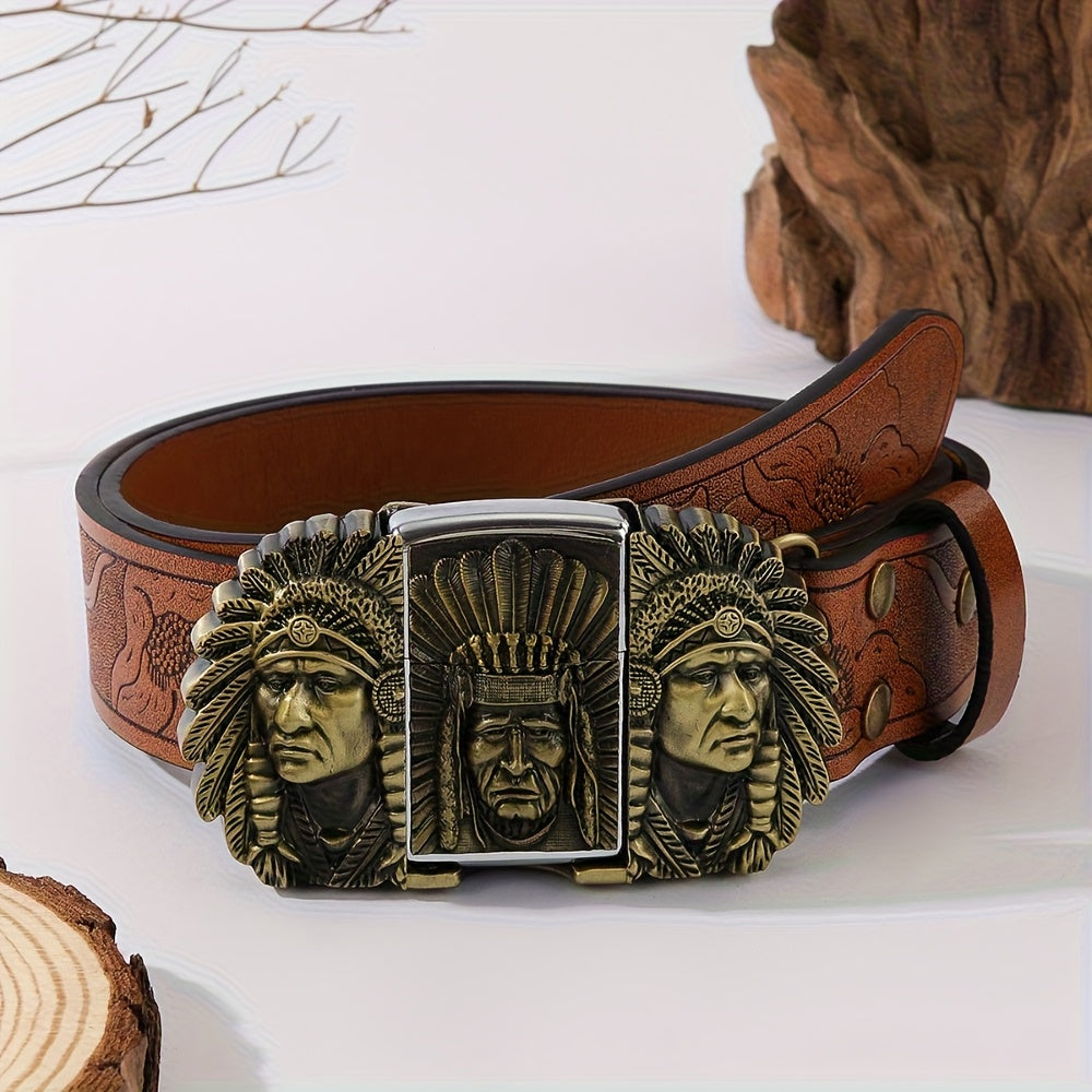 Ceinture de cowboy rétro avec briquet amovible – Ceinture fantaisie à motifs imprimés en relief (tête de mort, aigle, croix et motifs amérindiens), cadeau original pour hommes pour Noël, Thanksgiving et la Saint-Valentin
