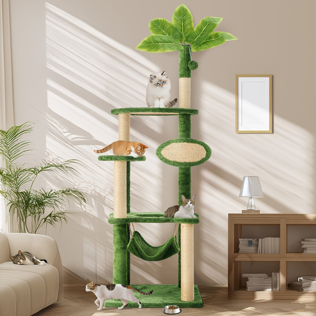 Arbre à chat de 140 cm pour chats d'intérieur avec feuilles vertes – Grande tour à chat multi-niveaux avec hamac, poteaux à griffer en sisal, jouet à suspendre, mobilier pour chat pour salon et chambre