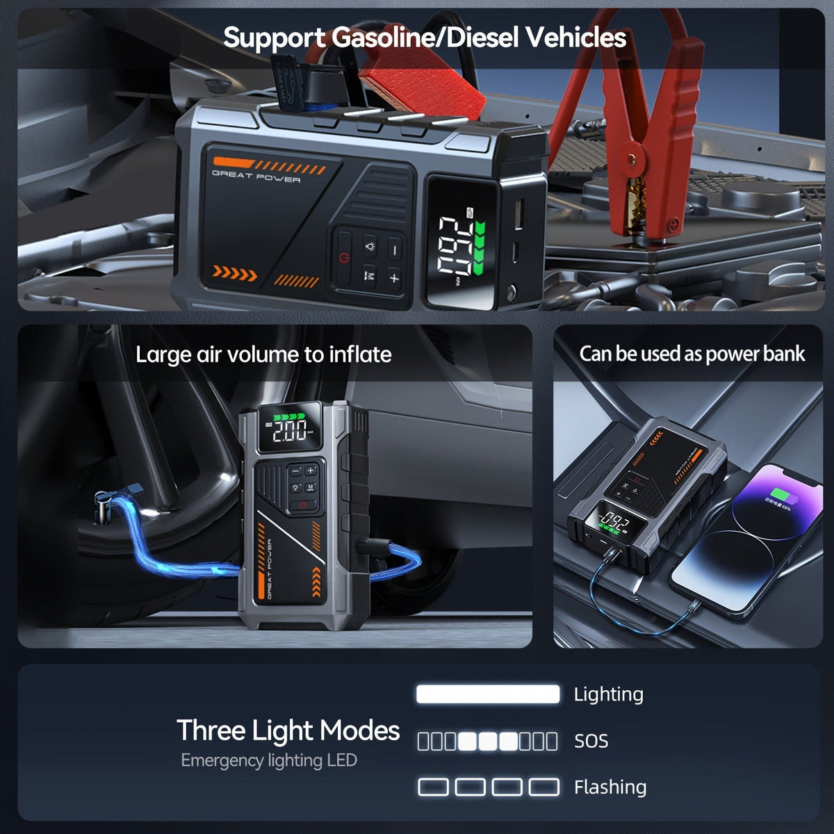 Démarreur de voiture portable 12V avec compresseur d'air en option - Booster de batterie d'urgence pour moteurs essence et diesel, compatible avec berlines, SUV, camions et tondeuses à gazon