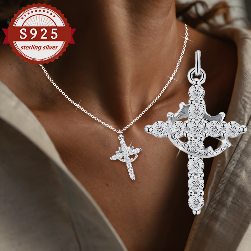 Collier avec pendentif croix et couronne en argent sterling 925 pour femme – Bijou de luxe vintage hypoallergénique pour le quotidien, les vacances et les banquets, cadeau élégant