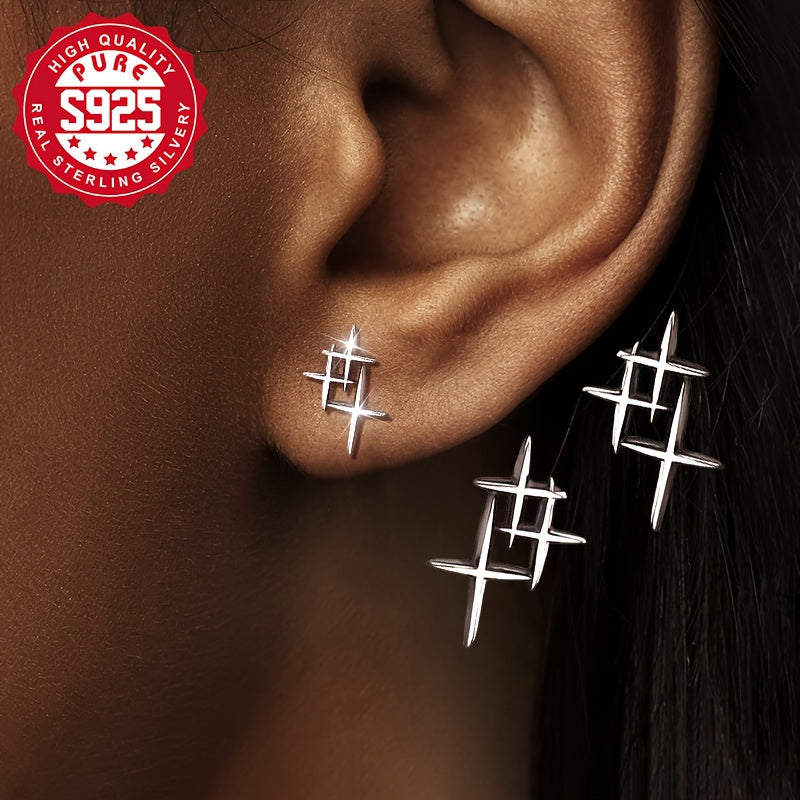 Boucles d'oreilles puces minimalistes en argent sterling 925 motif étoile pour femme – Design élégant en forme de soleil, bijoux polyvalents pour le quotidien et les fêtes, style intemporel, pochon cadeau inclus