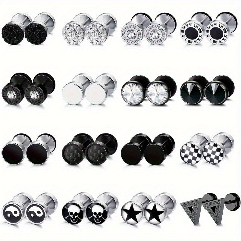 Lot de 16 fausses boucles d'oreilles écarteurs pour hommes et femmes – Clous d'oreilles style plug en acier inoxydable 316L, 8 mm, styles variés noirs et argentés, ensemble de boucles d'oreilles hypoallergéniques, idéal pour un cadeau