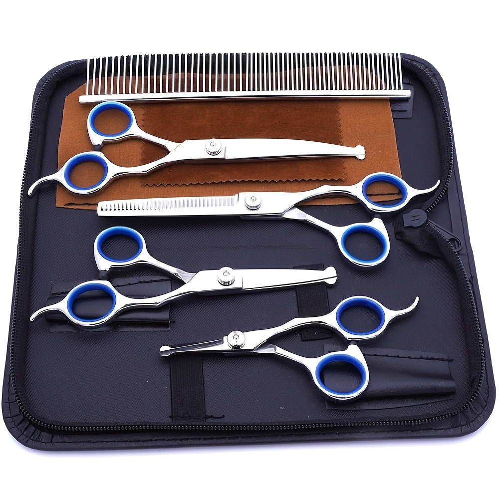 Kit de ciseaux de toilettage professionnels pour animaux 6 en 1 – Acier inoxydable 4CR revêtu de titane, bouts ronds de sécurité, universels pour droitiers et gauchers, ciseaux de toilettage robustes pour chiens, chats et tous les animaux