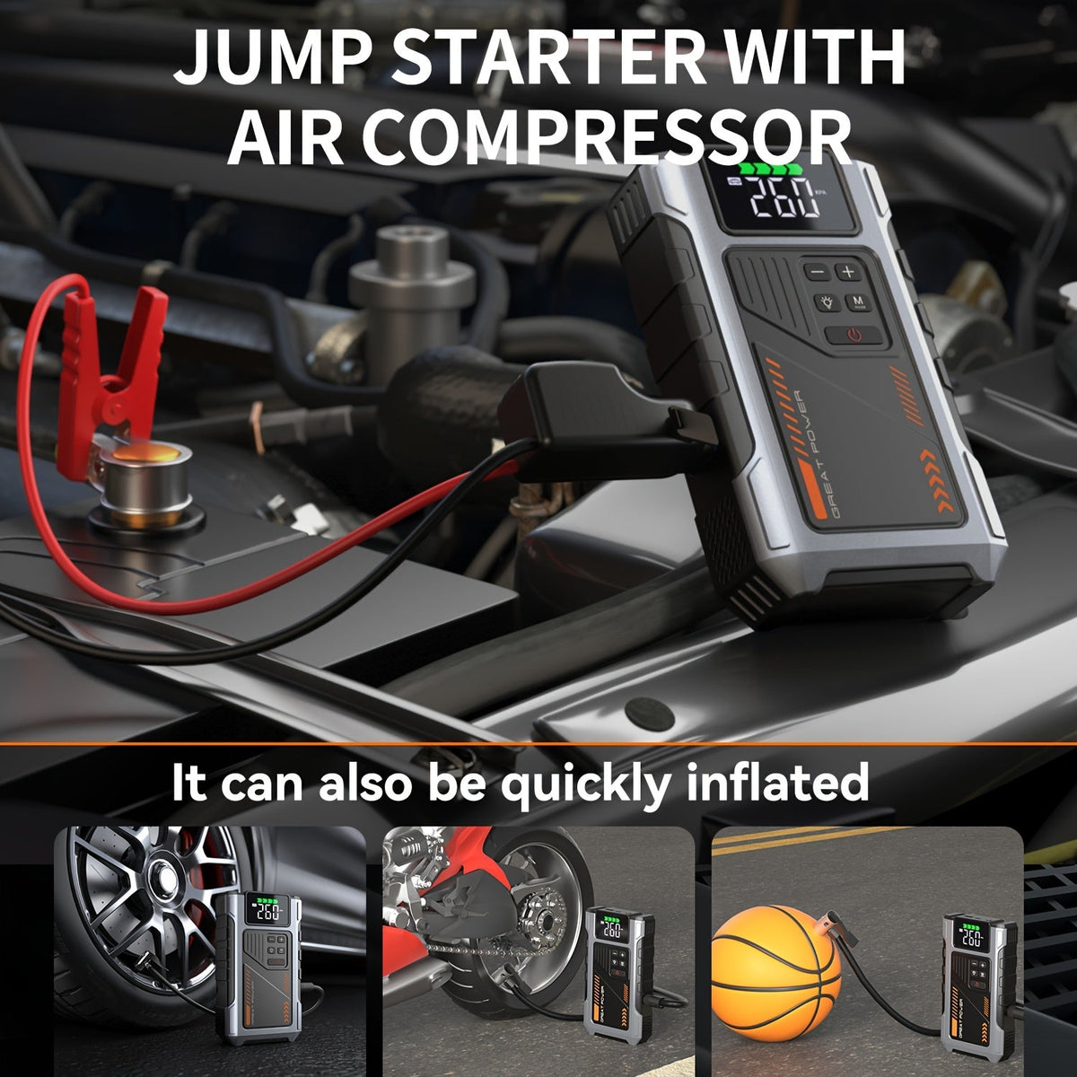 Démarreur de voiture portable 12V avec compresseur d'air en option - Booster de batterie d'urgence pour moteurs essence et diesel, compatible avec berlines, SUV, camions et tondeuses à gazon