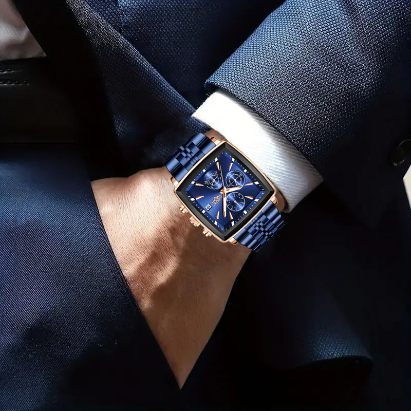 Montre à quartz analogique carrée pour homme LIGE – Bracelet en acier inoxydable, affichage du calendrier, montre-bracelet style sport preppy pour hommes et adolescents, 8 options de couleur, cadeau d'anniversaire ou de remise de diplôme bleu noir doré