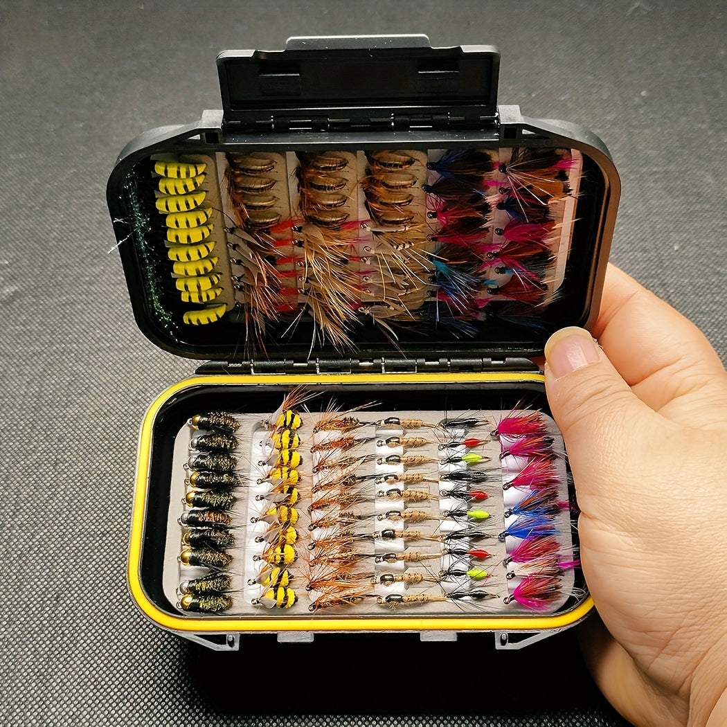 Assortiment de 114 mouches de pêche à la mouche avec boîte portable - 11 styles mixtes de mouches sèches/noyées, nymphes et streamers, hameçons de taille 10 pour truite, bar, saumon, steelhead et carpe - Eau douce et eau de mer