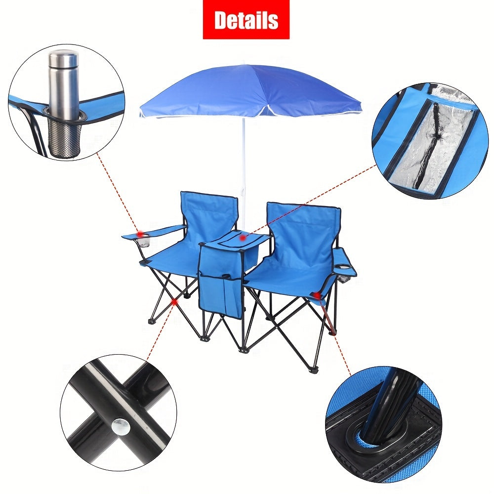 Chaise pliante d'extérieur pour 2 personnes avec parasol amovible – Canapé de camping portable avec accoudoirs pour la pêche, la plage, le bronzage et le pique-nique