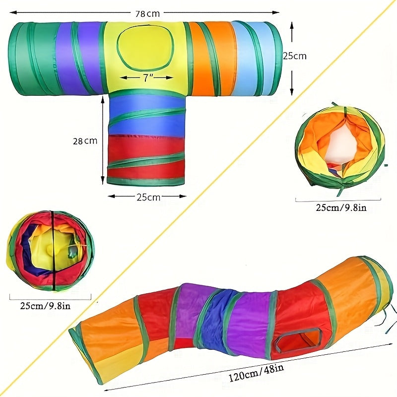 Tunnel pour chat pliable avec balle et ouvertures – Jouet tube arc-en-ciel à 3 voies en forme de S, pliable et connectable pour chats et chatons d'intérieur, configuration de jeu personnalisable