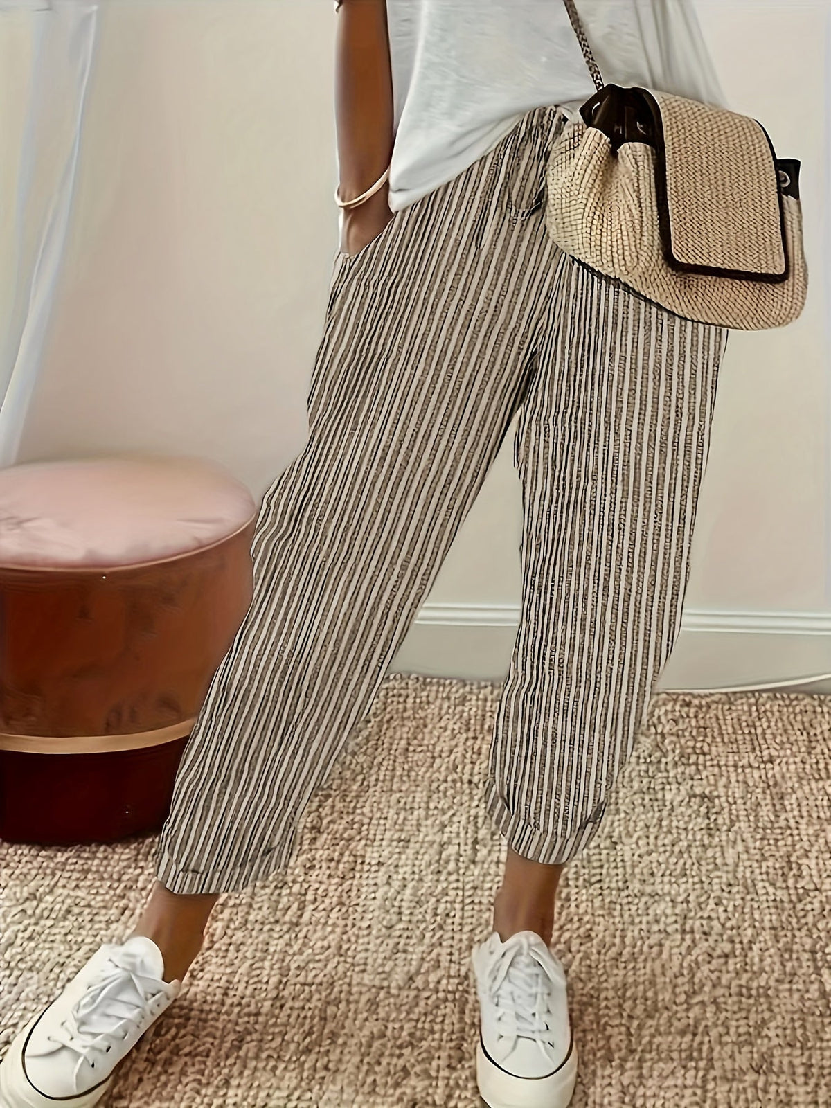 Pantalon large à rayures pour femme, coupe décontractée, bande latérale, pantalon léger en polyester - Pantalon mode confortable toutes saisons, tailles S M L XL XXL, plusieurs coloris