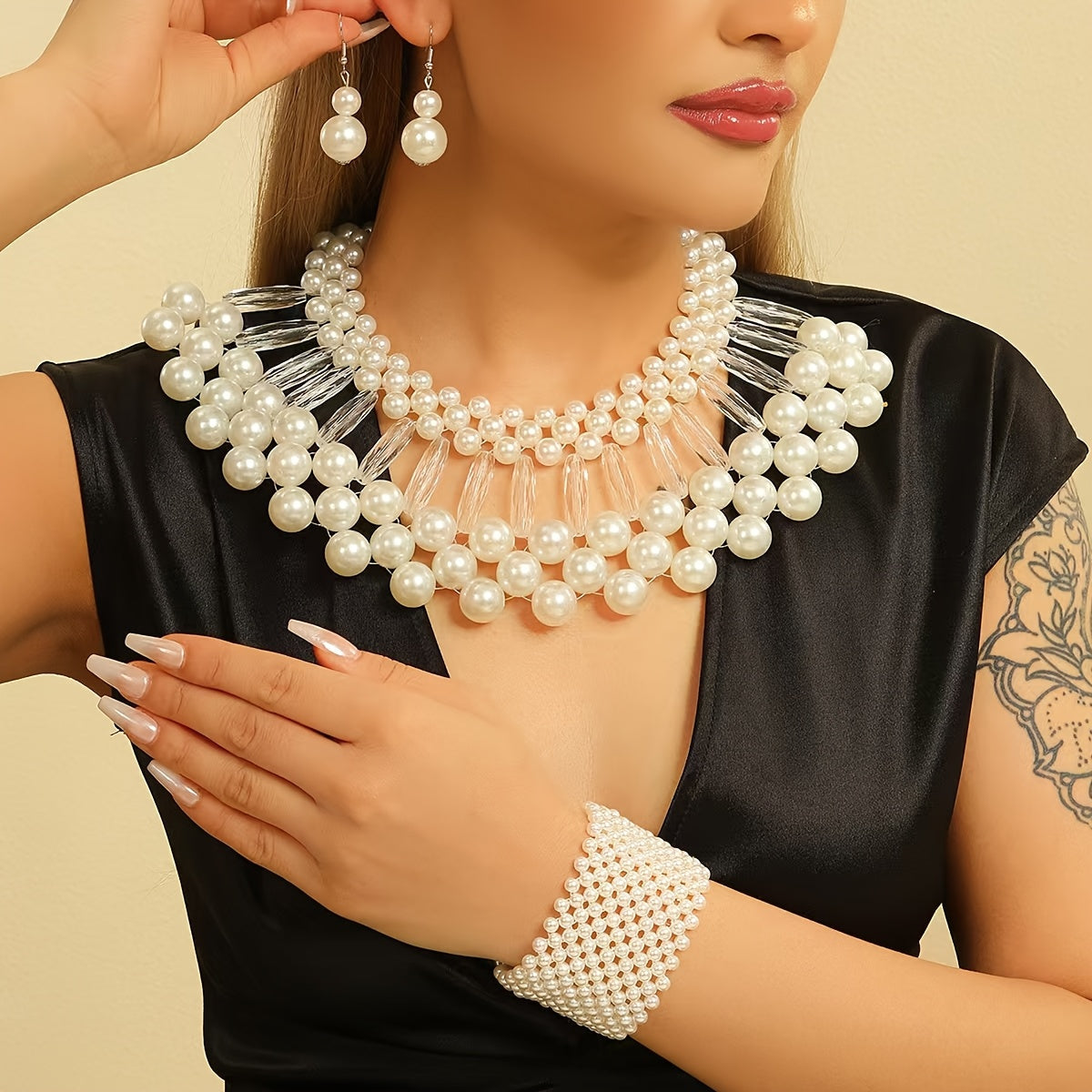 Parure collier et boucles d'oreilles bohème à pampilles en fausses perles, bijoux de mariée faits main multi-rangs, accessoires de mariage élégants perlés, cadeau pour elle