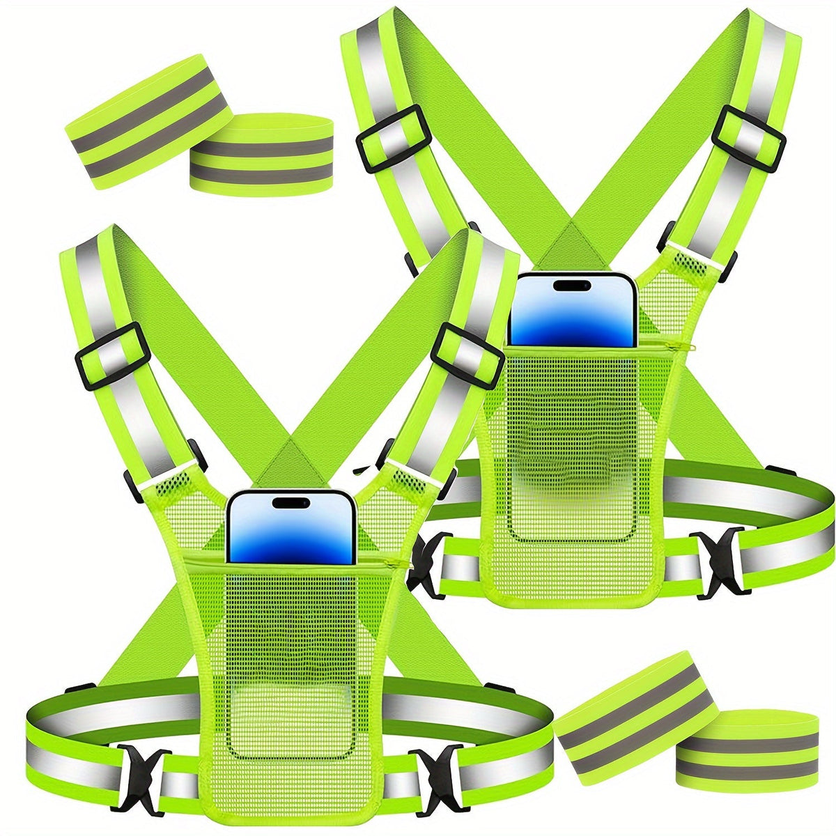 Lot de 2 gilets de running réfléchissants avec support pour téléphone et 2 bracelets réfléchissants – Équipement de sécurité haute visibilité pour hommes et femmes, jogging, promenade de chien, cyclisme