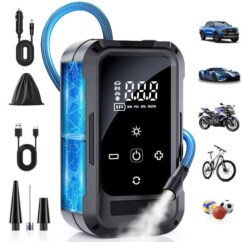 Gonfleur de pneus portable sans fil – Compresseur d'air intelligent sans fil avec manomètre numérique et lampe LED pour voitures, motos, vélos et ballons, recharge rapide Type-C