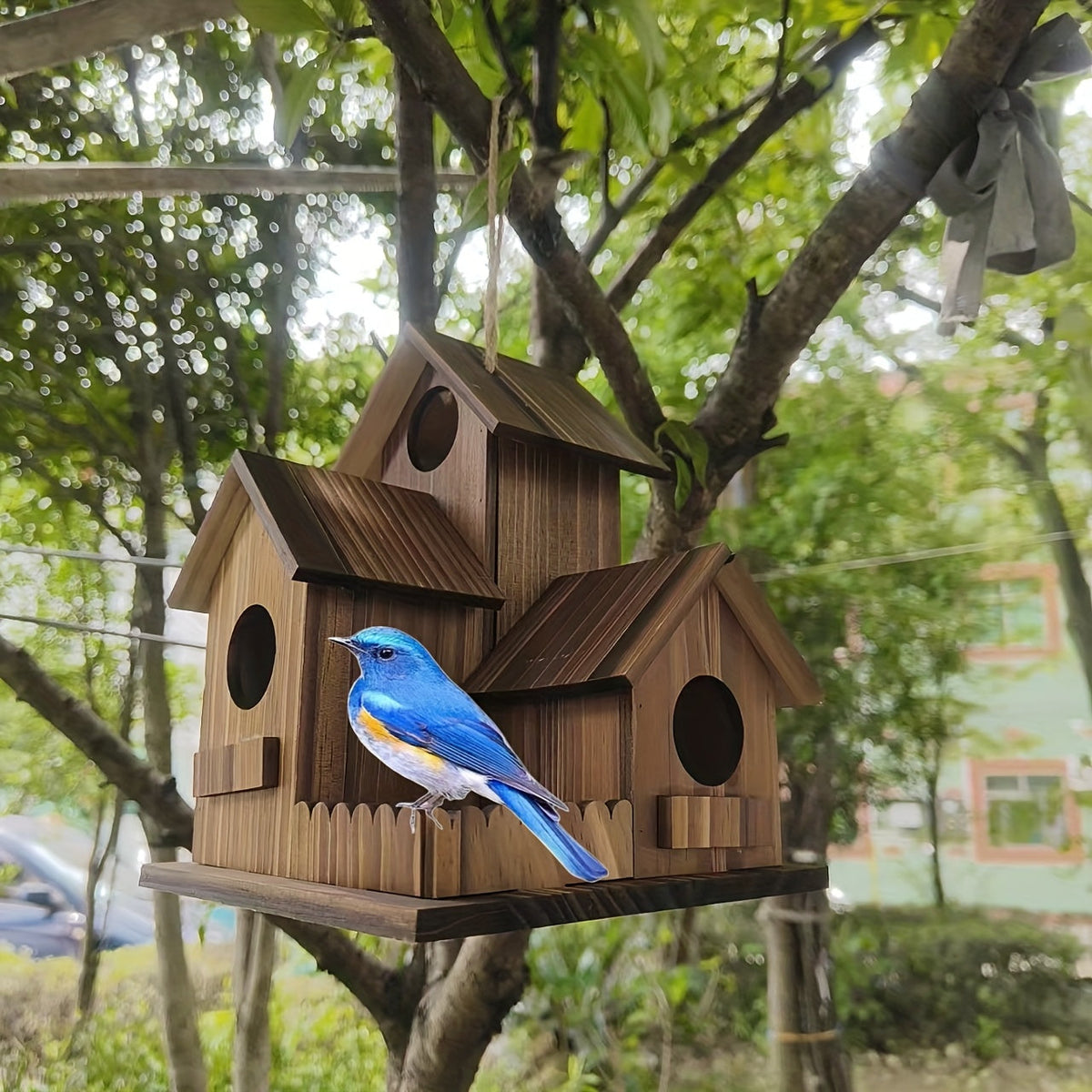 Nid d'oiseau extérieur en bois à 3 compartiments, nichoir rustique en bois naturel pour jardin, arrière-cour et terrasse – Nichoir artisanal pour petits oiseaux sauvages, décoration d'habitat naturel