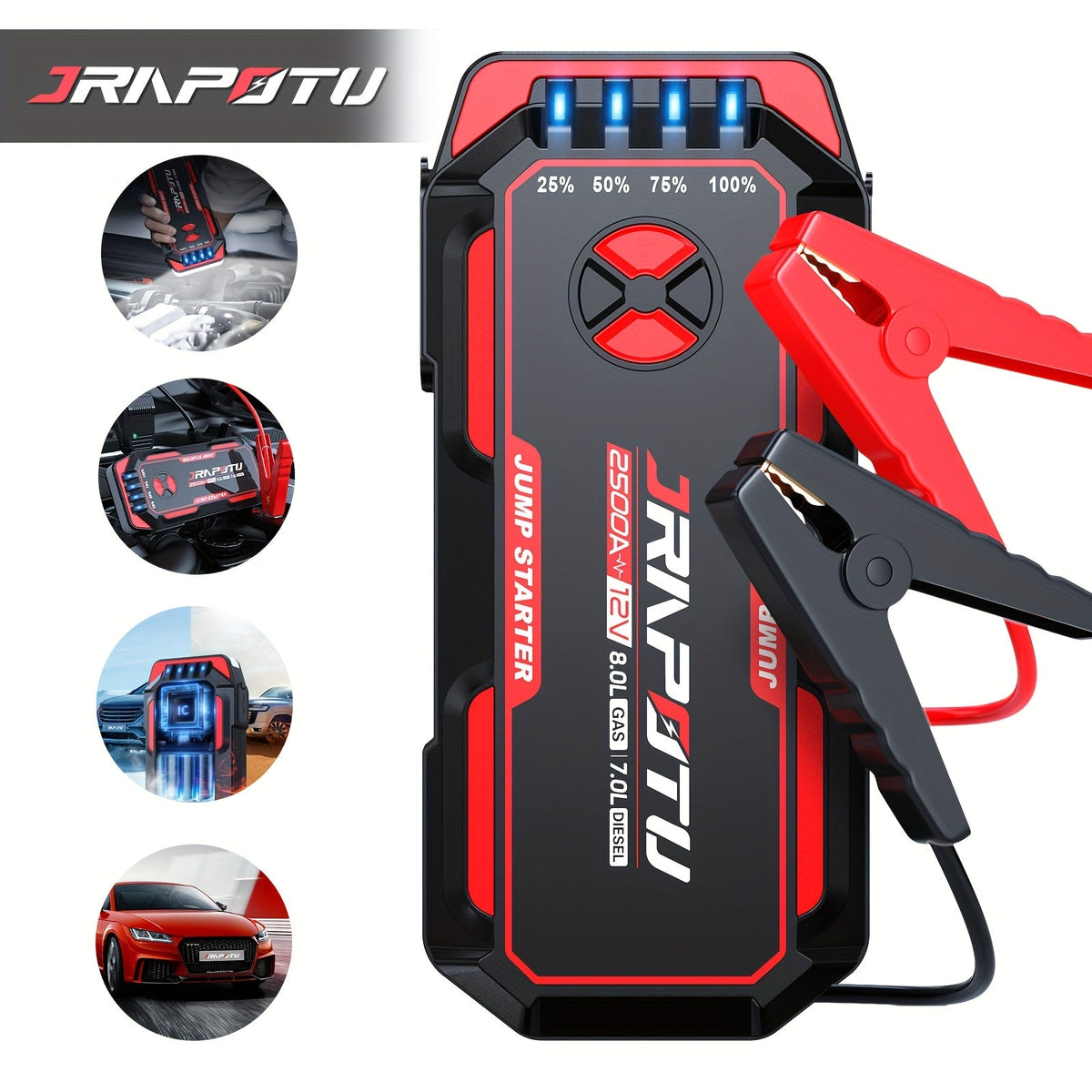 Démarreur de voiture portable 2500A crête | Booster de batterie 12V 8000mAh-10000mAh, jusqu'à 30 démarrages, ports de charge USB et lampe de poche LED – Convient aux moteurs essence 7.0L et diesel 8.0L, camions, SUV, motos