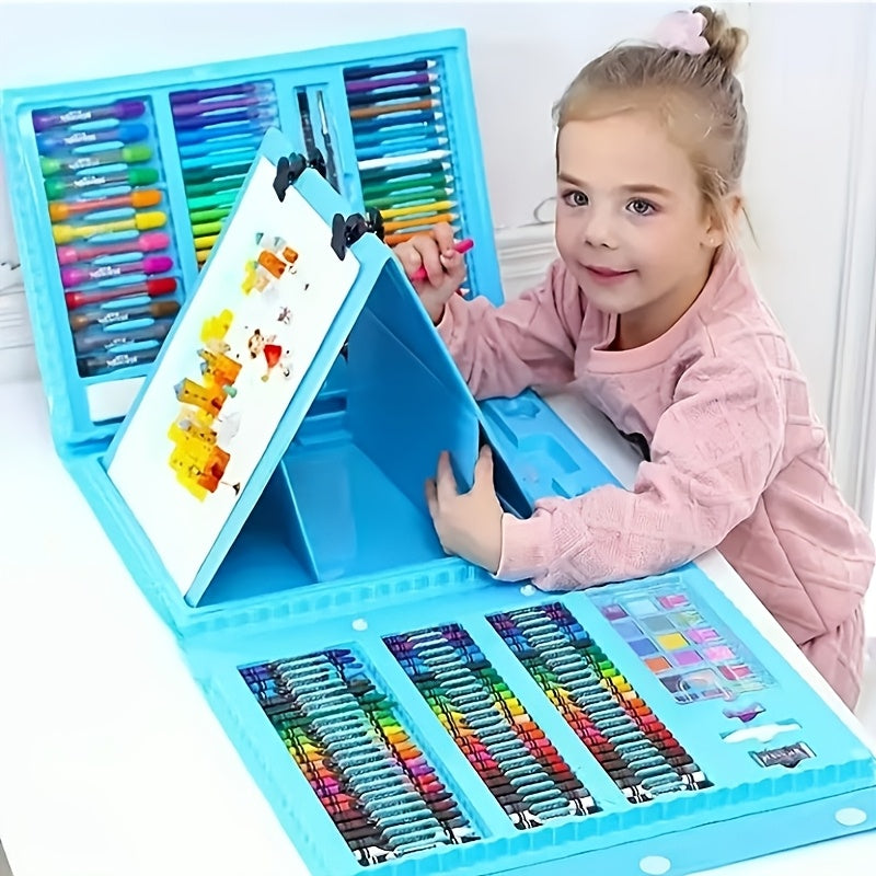 Set de 228 pièces pour activités artistiques pour enfants, kit de dessin et peinture de luxe avec pastels à l'huile, crayons de cire, feutres colorés et acryliques, pinceaux aquarelle et bloc à dessin, cadeau pour enfants