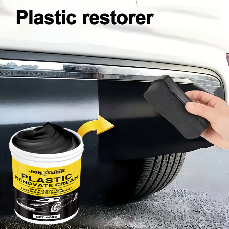 Polish pour plastiques et rénovateur de pneus 400 g avec éponge – Restaurateur tout-en-un pour tableau de bord, sièges et pare-chocs, formule PVC longue durée, éclat sans traces, application facile pour entretien automobile