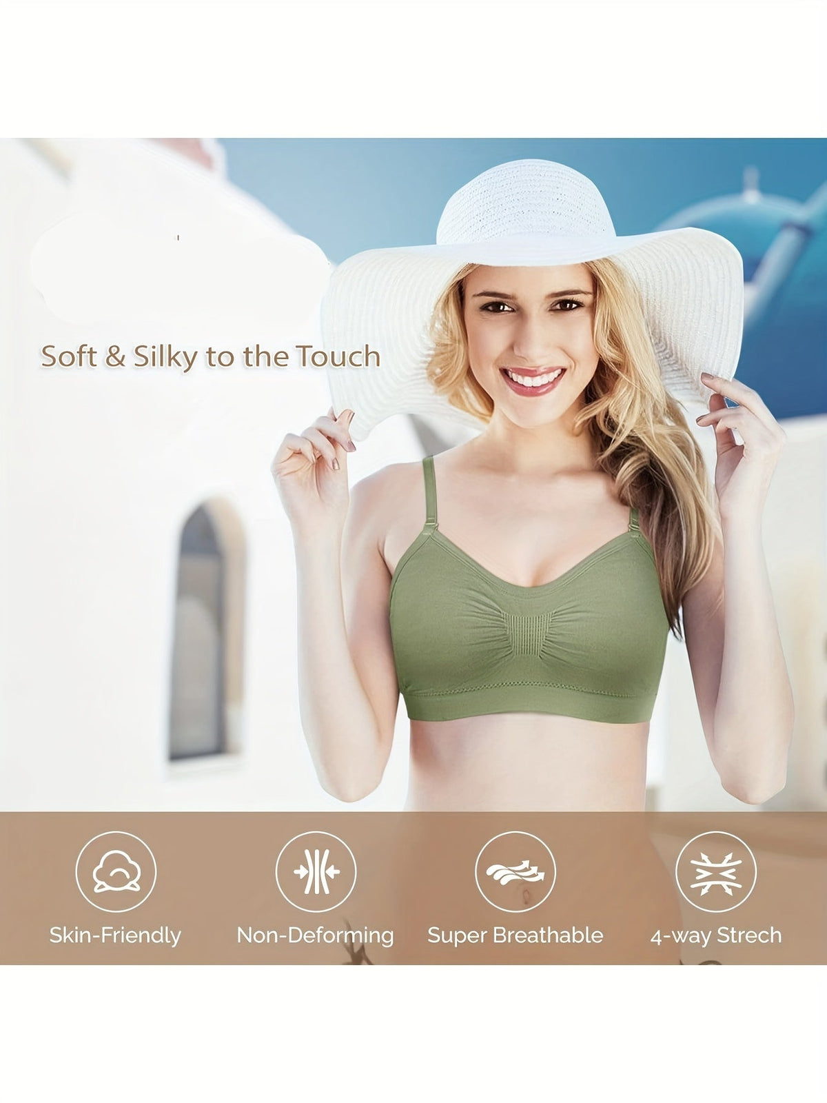 Lot de 4 brassières débardeurs à col en V avec coussinets – Soutien-gorge de sport sans armatures avec bretelles réglables pour femme, ensemble de brassières douces avec coussinets pour le quotidien, tailles S-XL, couleurs rouille, beige, vert, bleu