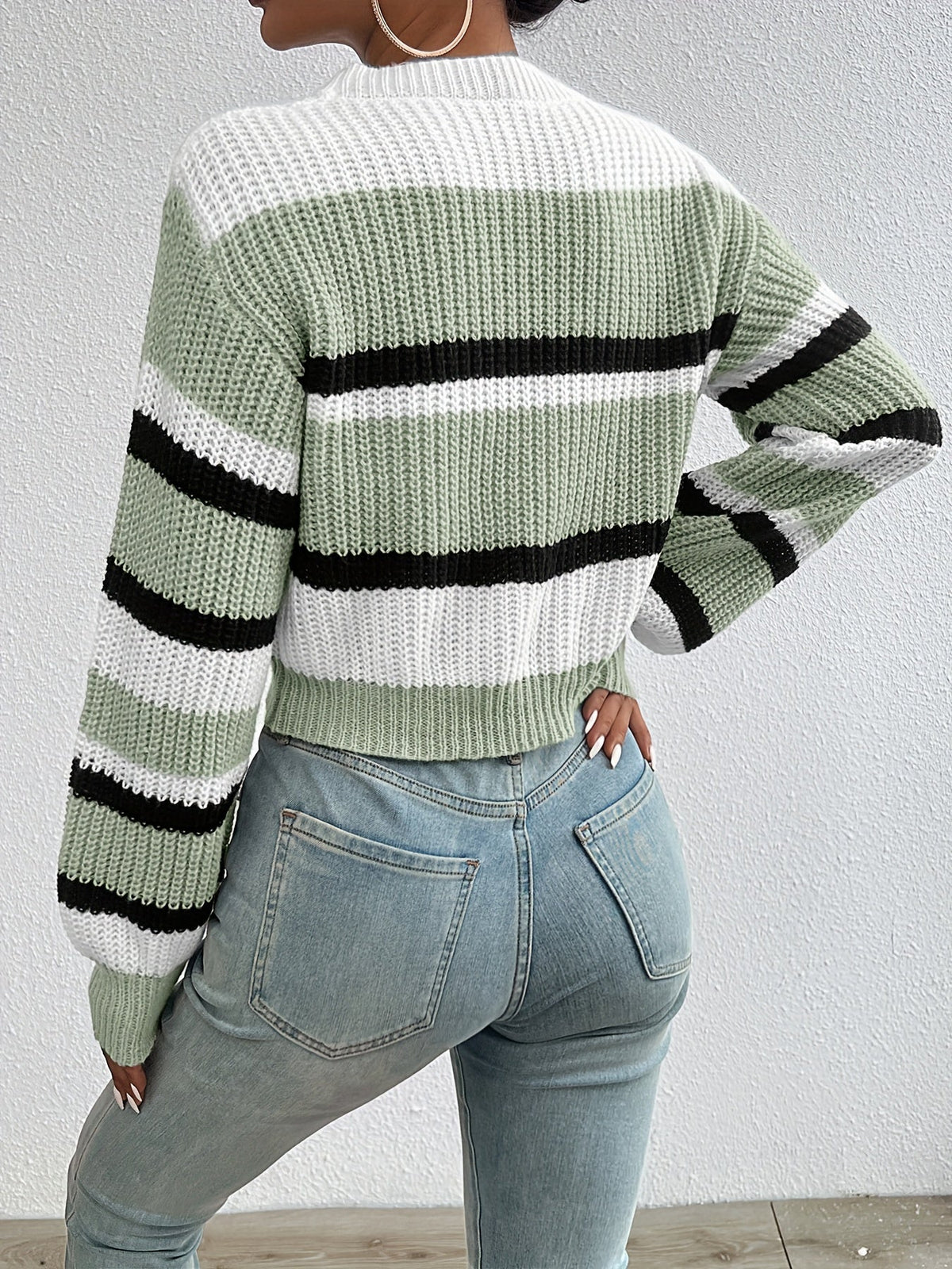 Pull court à rayures color block, épaules tombantes, pour femme, automne-hiver, pull en maille coupe ample, col rond, manches longues, S-XL