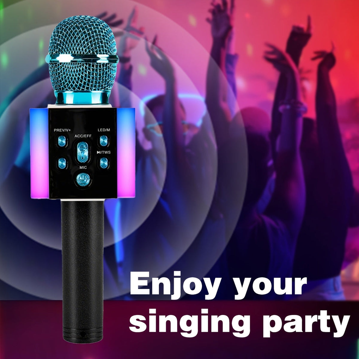 Microphone karaoké sans fil 5-en-1 avec haut-parleur intégré, lumières LED et changeur de voix – Micro de chant Bluetooth portable pour fêtes, réunions de famille, voyages et activités en plein air, 10 couleurs