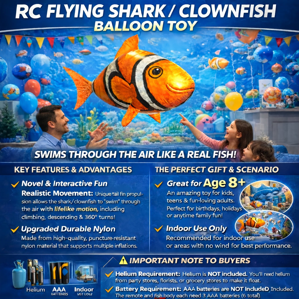 Jouet ballon gonflable requin volant télécommandé, poisson planeur flottant dans les airs, 145 cm, intérieur extérieur, cadeau d'anniversaire, Noël, Halloween pour enfants et adolescents, requin bleu ou poisson-clown orange
