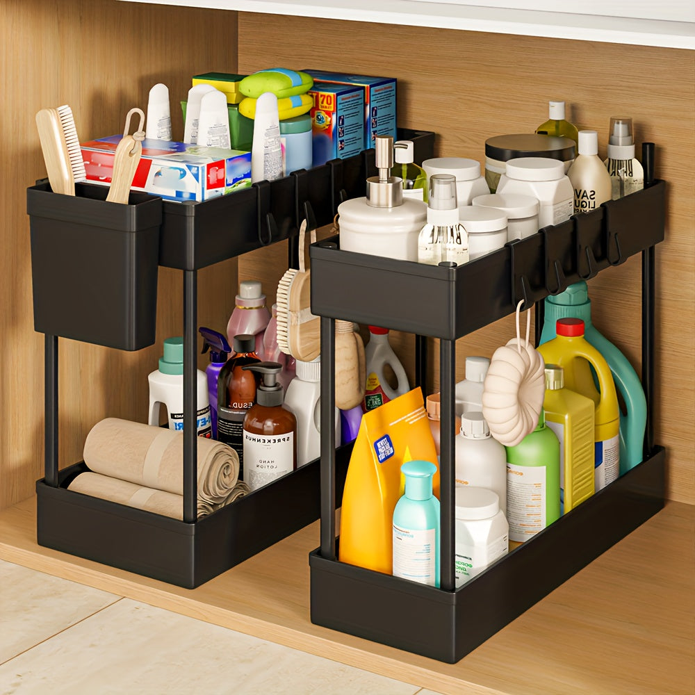 Organisateur sous évier, lot de 2 paniers coulissants à double niveau avec 8 crochets, extensible – Étagère de rangement pour cuisine et salle de bain, blanc lunaire, noir, gris