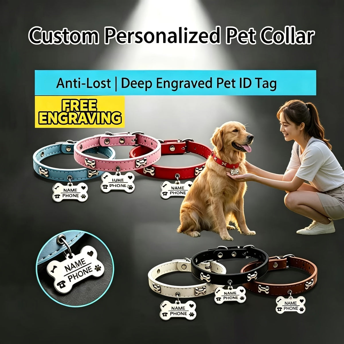 Collier pour chien gravé sur mesure avec plaque d'identification personnalisée gratuite, collier réglable anti-perte pour petits et moyens chiens et chats, matériau durable de qualité supérieure