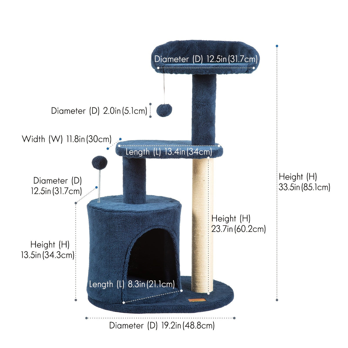Arbre à chat de 81 cm pour chats d'intérieur – Condo douillet, poteau à griffer en sisal, perchoirs en peluche et jouets pompons, tour pour chat bleu jean pour petits et moyens chats, excellent cadeau de mobilier pour chat