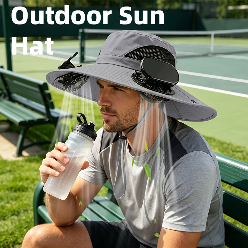 Chapeau de soleil à large bord pour homme avec 2 ventilateurs intégrés – Chapeau de pêche respirant avec protection UV pour le camping, la randonnée et la plage en été
