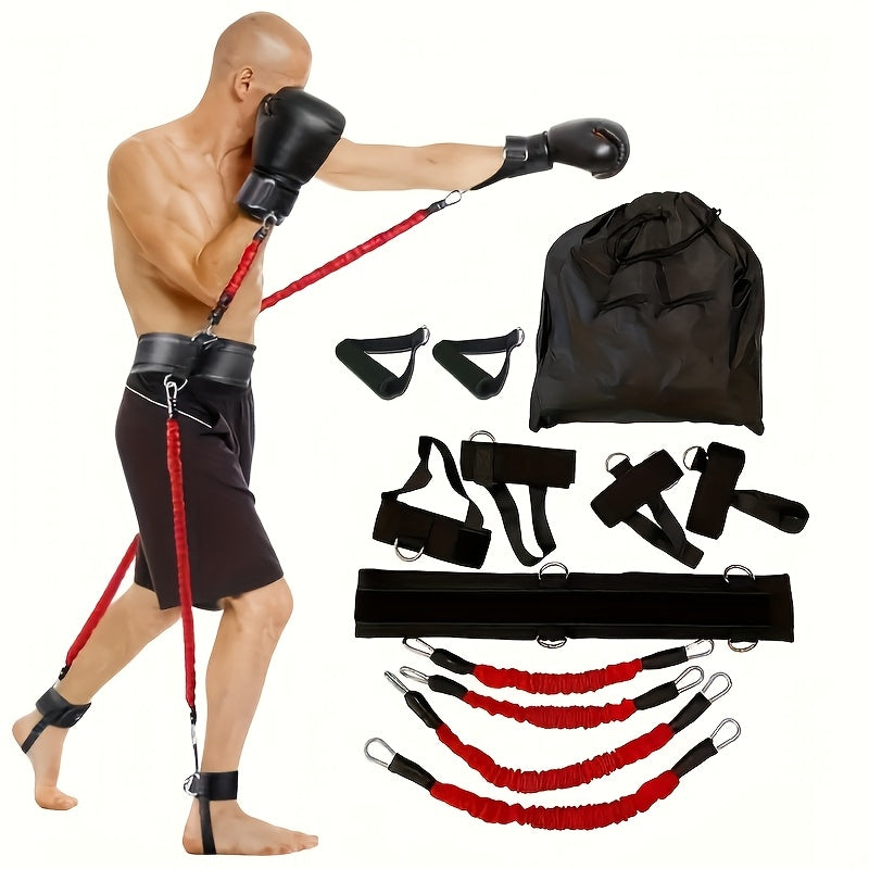 Ensemble de bandes de résistance pour boxe 12 pièces 150lb | Sangles d'entraînement MMA robustes | Entraîneur de force pour jambes et bras pour boxe, taekwondo et kickboxing à domicile | Entraînement complet du corps | Noir & Rouge