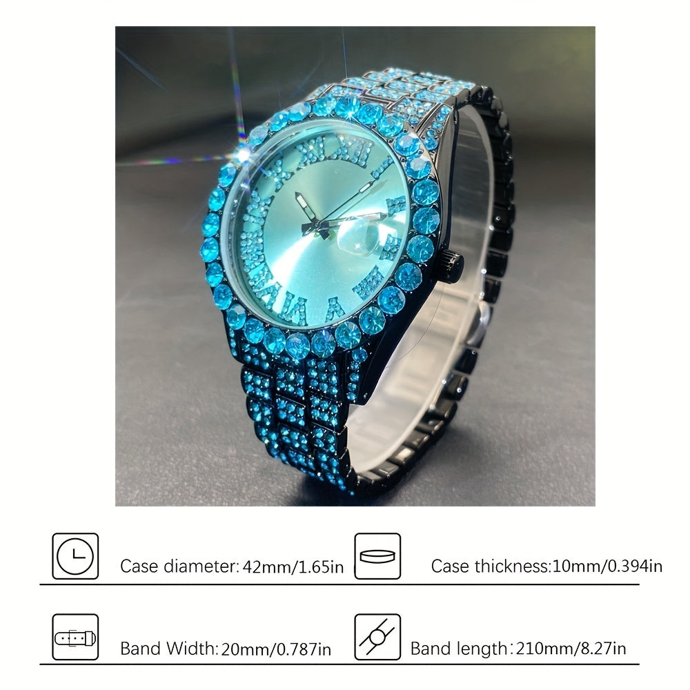 Ensemble de montres pour couples avec strass, mouvement à quartz de luxe, calendrier, affichage lumineux pour hommes et femmes, montre cadeau de mode pour fête avec strass rouges et bleu glacier