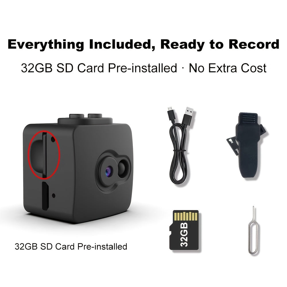 Mini caméra de sécurité espion sans WiFi – Prise en charge carte SD 32 Go, enregistrement en boucle, batterie rechargeable, Plug & Play – Sécurité domestique, babyphone, caméra pour animaux, surveillance de bureau