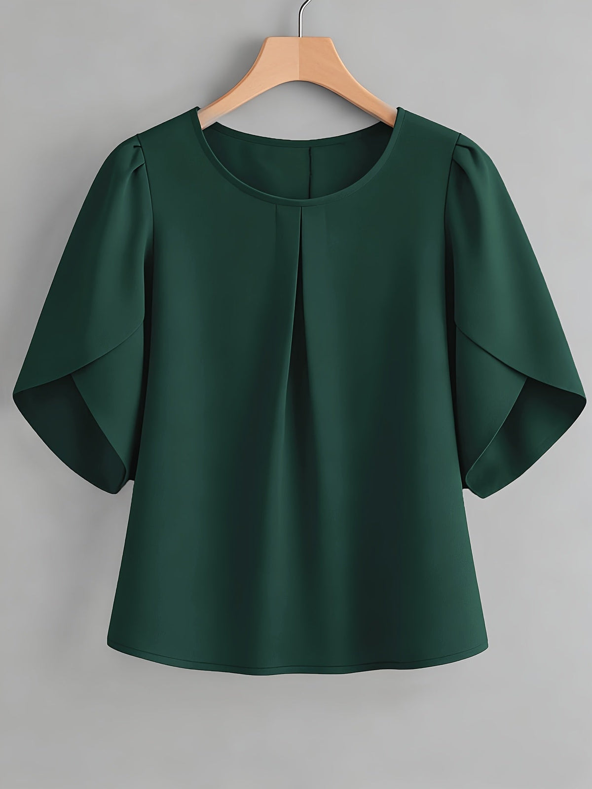 Chemisier femme à manches courtes, col rond, poignets à volants et plis sur la poitrine – Haut élégant en tissu 100 % polyester, semi-transparent, avec manches fendues