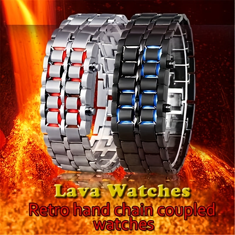Montre numérique LED Lava pour hommes, femmes et adolescents – Montre-bracelet stylée en acier inoxydable pour couples, affichage LED bleu et rouge, style décontracté pour l'extérieur, 3 couleurs, cadeau pour étudiants