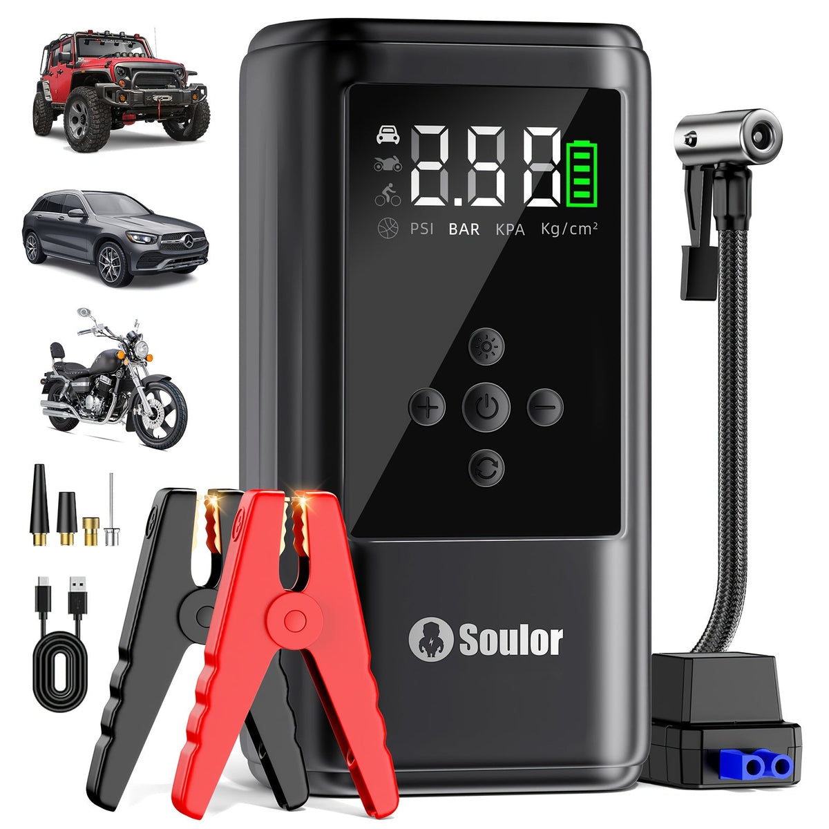 Démarreur de batterie portable 3000A-6000A – Booster de batterie lithium 12V, batterie externe avec double port USB QC 3.0 à charge rapide, lampe LED et boussole, compatible avec tous les moteurs essence