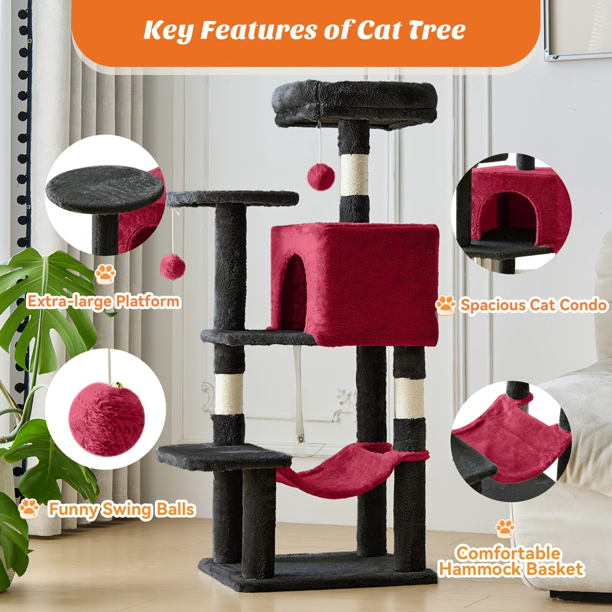 Arbre à chat avec hamac et poteaux à griffer en sisal de 112 cm – Condominium pour chats d'intérieur à plusieurs niveaux avec perchoirs naturels pour grands chats et foyers multi-chats, base stable et robuste, beige, gris, rose, noir