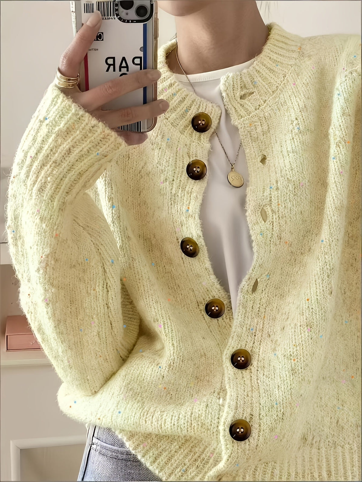 Cardigan décontracté pour femme à boutons, manches longues, col rond, maille colorée | Haut élégant et léger en tissu extensible à motif pois bonbon, tailles S M L XL