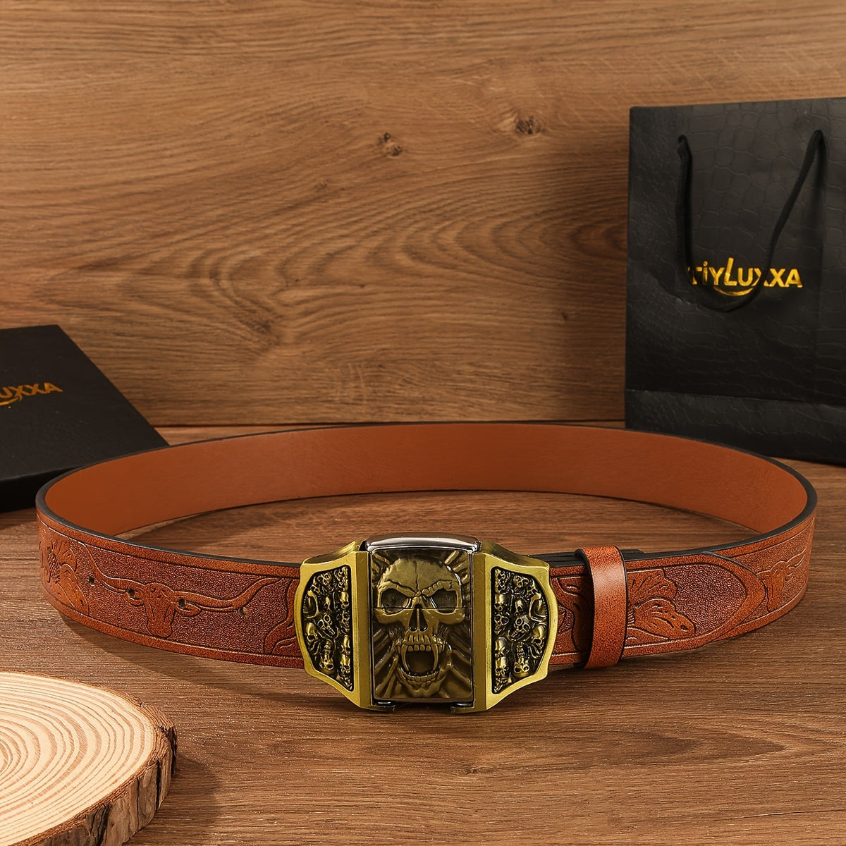 Ceinture de cowboy rétro avec briquet amovible – Ceinture fantaisie à motifs imprimés en relief (tête de mort, aigle, croix et motifs amérindiens), cadeau original pour hommes pour Noël, Thanksgiving et la Saint-Valentin