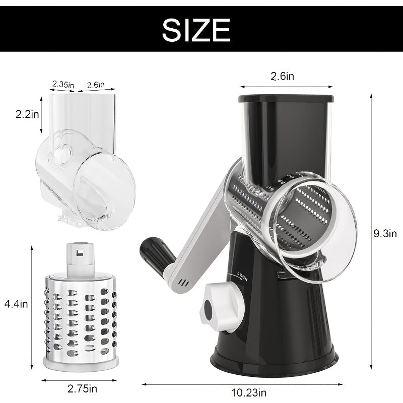 Râpe à fromage rotative manuelle avec 3 lames interchangeables - Base à ventouse antidérapante, brosse de nettoyage incluse, pour fromage frais, légumes et noix, cadeau d'ustensile de cuisine