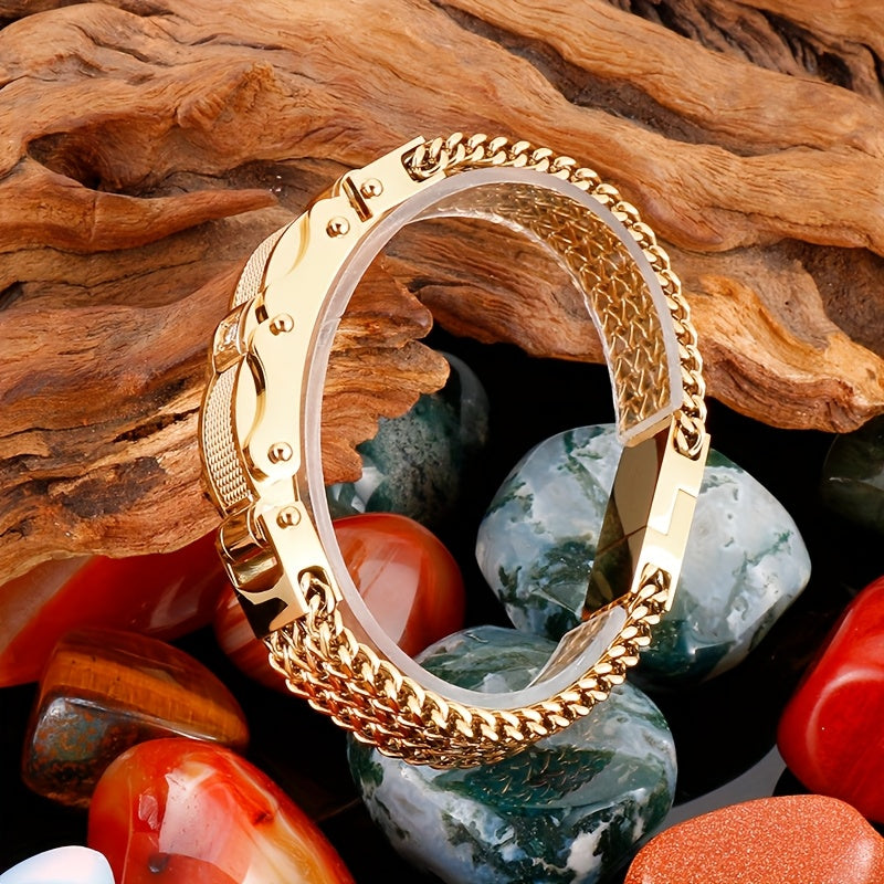 Bracelet de motard hip-hop pour homme en acier inoxydable, style punk rock, avec fermoir magnétique et pierres synthétiques, bijou pour soirée en boîte de nuit ou mariage