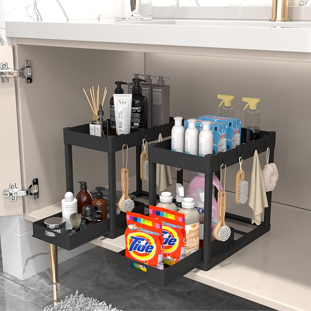 Ensemble de 2 organisateurs sous évier – Tiroirs coulissants à deux niveaux avec 8 crochets, solution de rangement pour meuble de salle de bain sous comptoir, paniers à étagères polyvalents pour cuisine et salle de bain, noir blanc gris