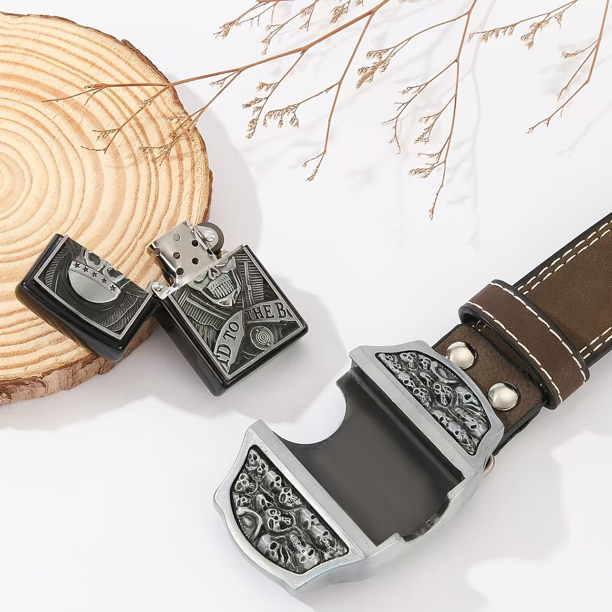 Ceinture de cowboy rétro avec briquet amovible – Ceinture fantaisie à motifs imprimés en relief (tête de mort, aigle, croix et motifs amérindiens), cadeau original pour hommes pour Noël, Thanksgiving et la Saint-Valentin