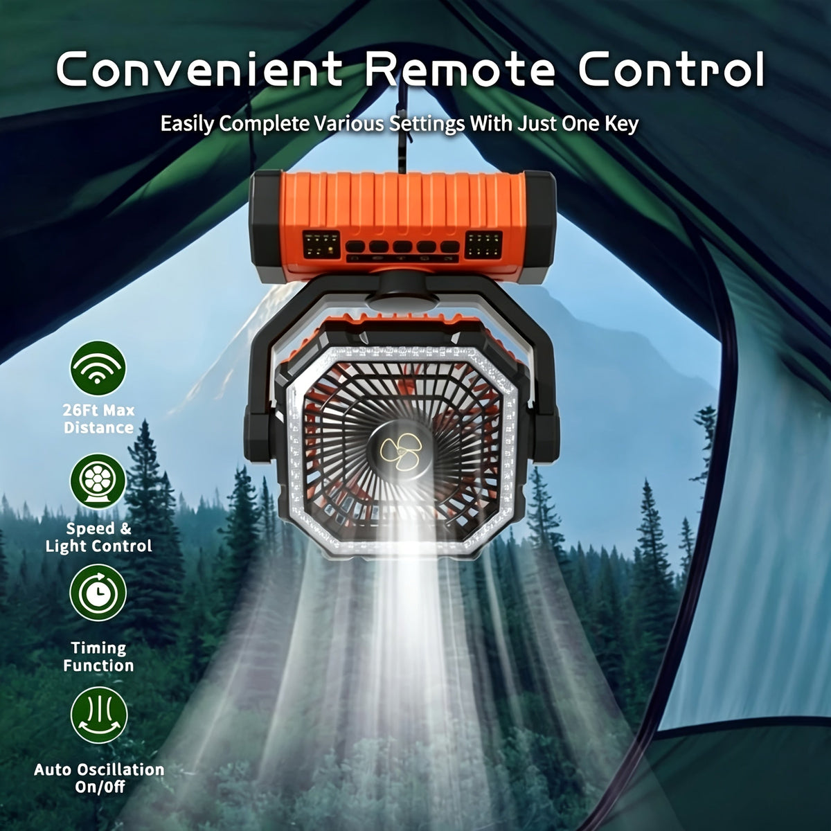 Ventilateur de camping 20000 mAh avec lanterne LED, rechargeable, oscillant, 4 vitesses et minuterie - Ventilateur de tente portable pour le camping, les véhicules récréatifs, les chantiers et les pannes de courant