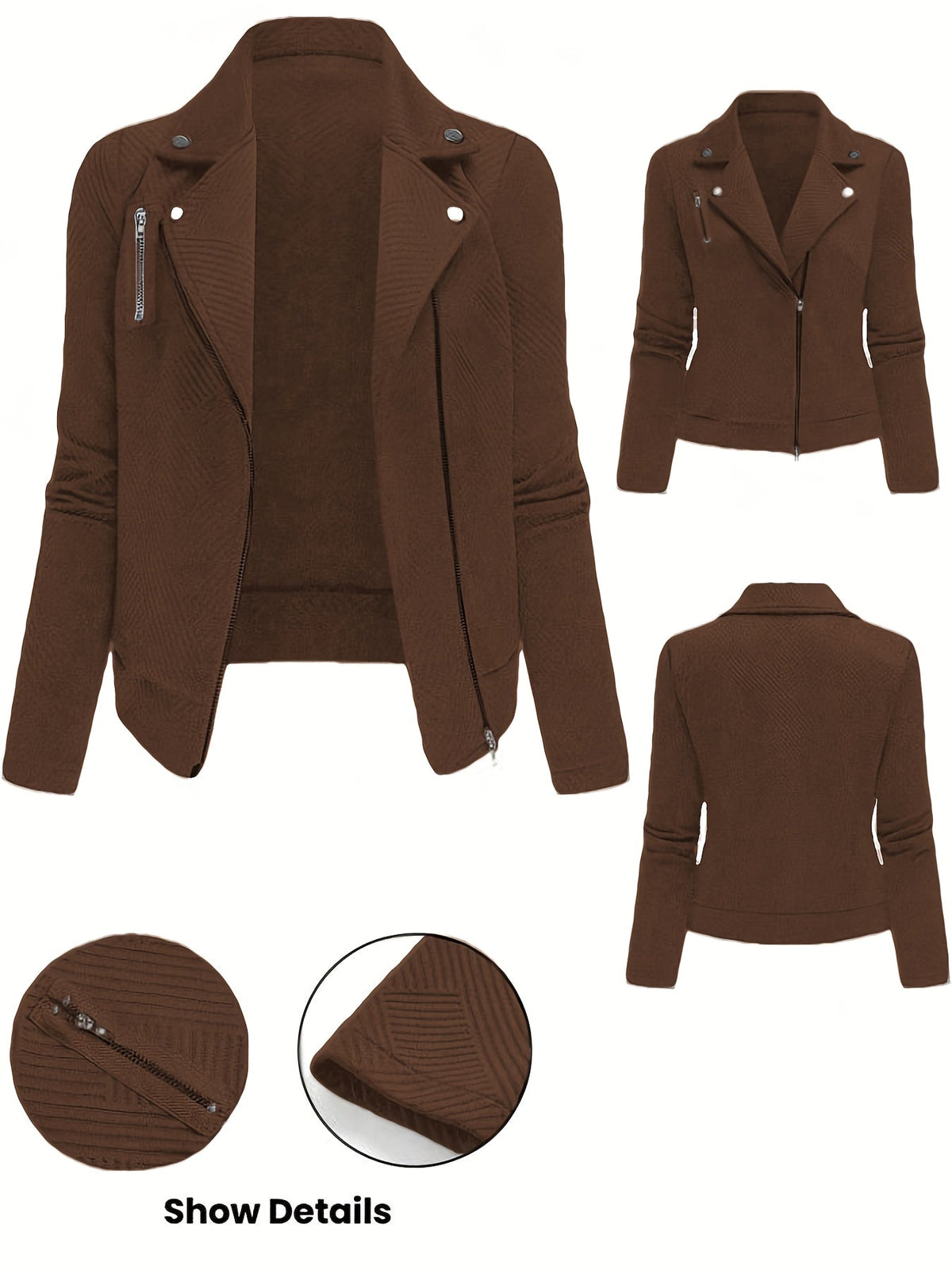 Veste de motard pour femme unie avec fermeture éclair et boutons à motif géométrique - Manteau de moto décontracté et élégant pour l'automne et l'hiver, idéal pour le quotidien ou un look streetwear