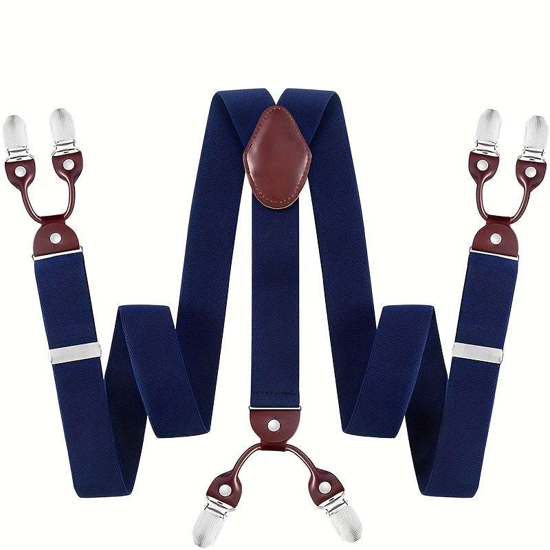 Bretelles pour homme en Y, cuir PU, robustes, avec 6 pinces métalliques – Style vintage élastique et réglable, noir, gris, bleu marine, blanc, café, beige, rouge vin, tenue décontractée et formelle
